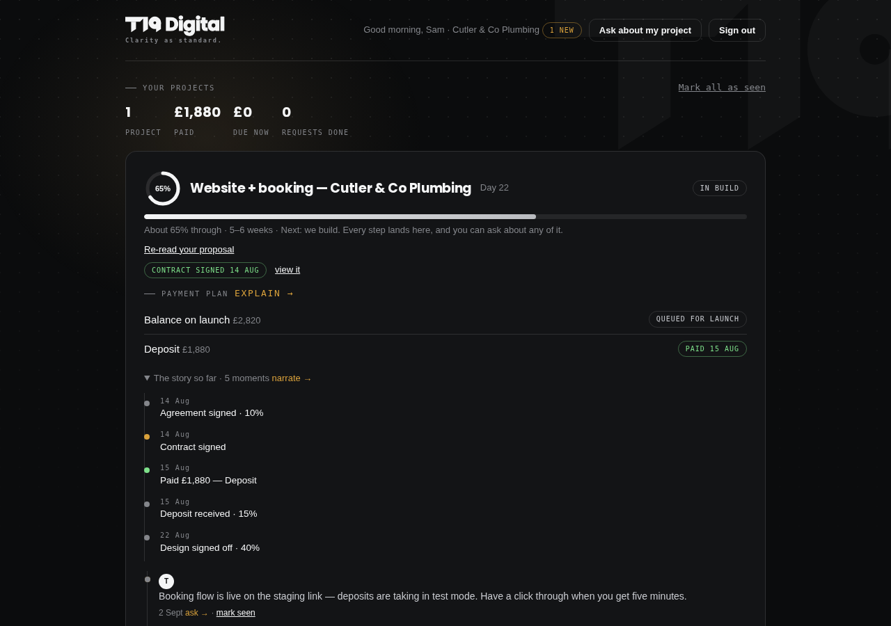 A client's T19 account: progress at 65%, the payment plan, and the story so far