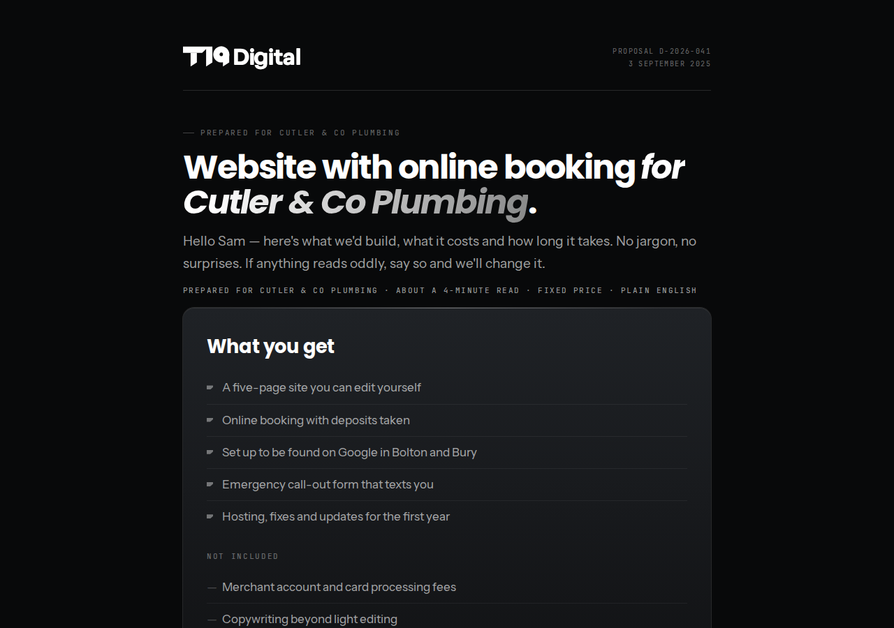 A T19 proposal page: the headline, what you get, what it costs, in plain English